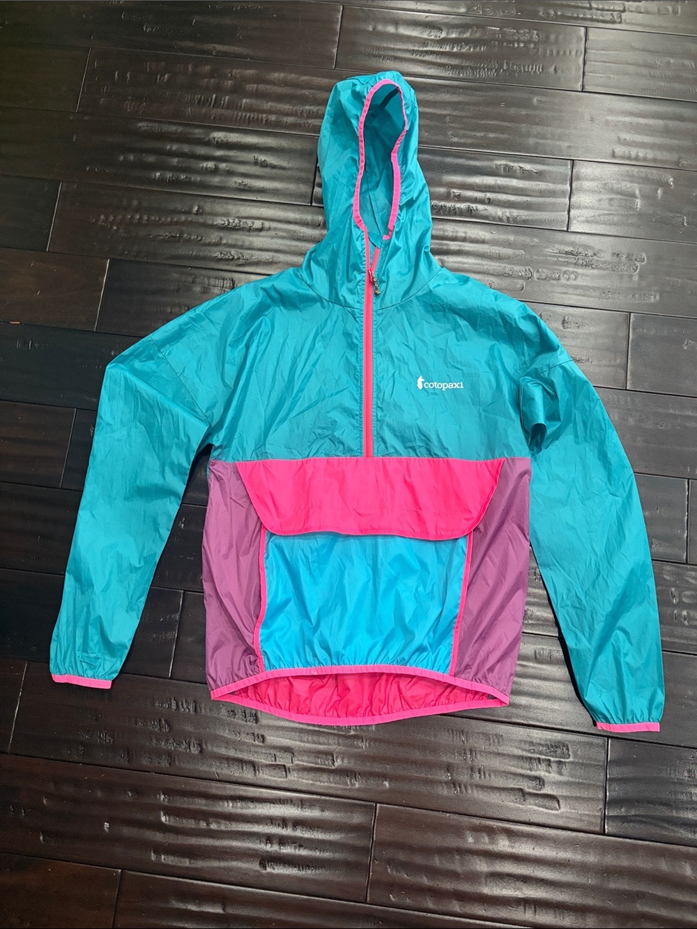 cotopaxi Teal, Pink & Purple Hooded Packable Rain Pullover